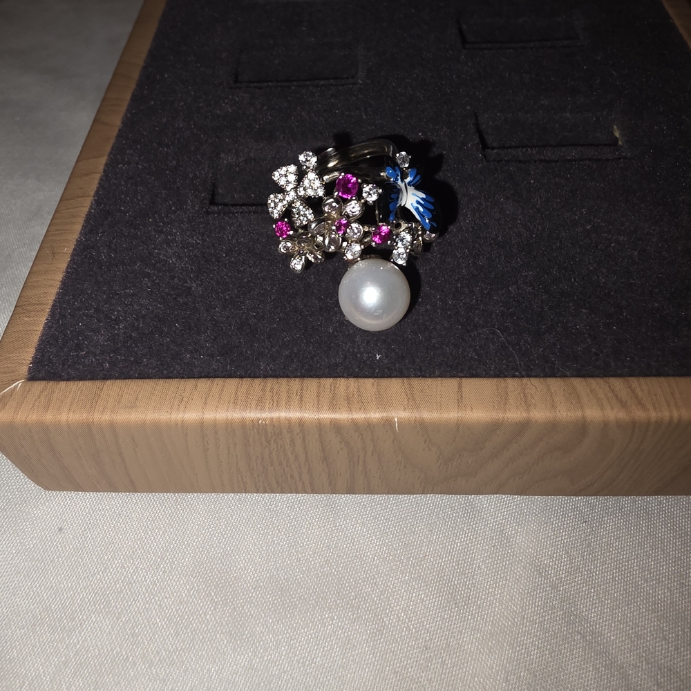 Elegant Floral Pearl Cluster Ring in Silver with Pink and Blue Accents